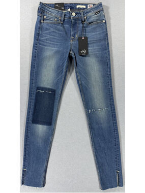 NOEND Denim Mid Rise Skinny Jeans 26 Medium Wash Patch Knee Slit Split Hem USA